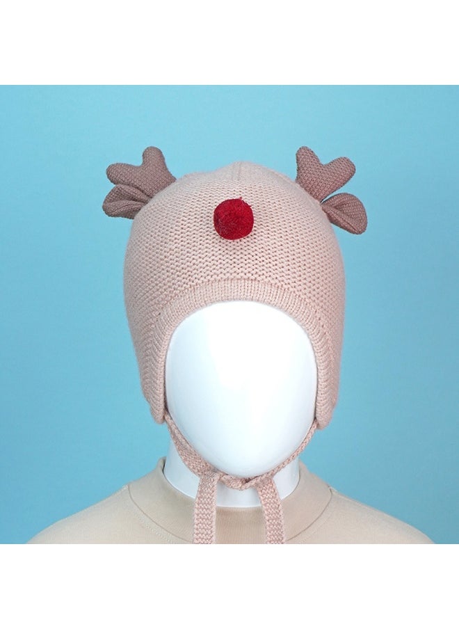 Peach Baby Antler Knitted Soft Woolen Winter Cap With Tie Up 6-18 Months