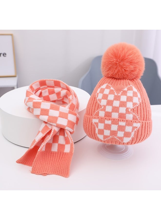 Peach Checkered Winter Cap Beanie & matching Neck Muffler 2pcs Set