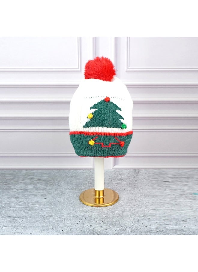 2Pcs White And Green Tree Christmas Themed Winter Cap Beanie With Matching Long Style Neck Muffler For Kids
