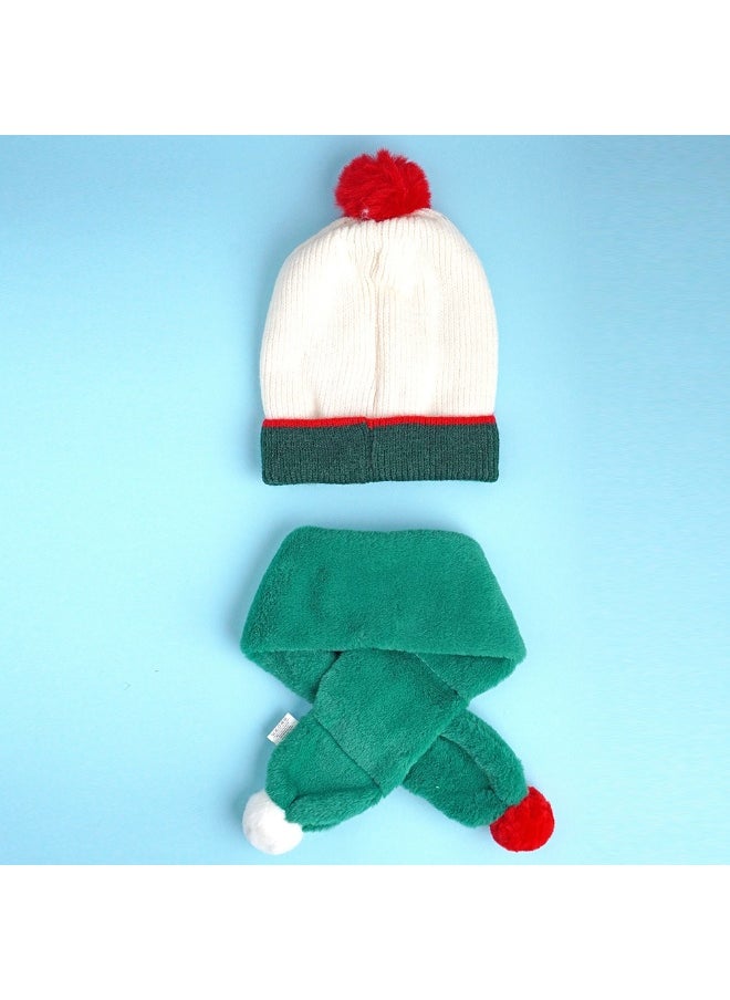 2Pcs White And Green Tree Christmas Themed Winter Cap Beanie With Matching Long Style Neck Muffler For Kids