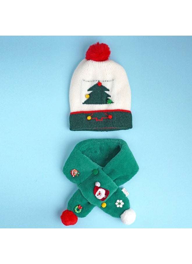 2Pcs White And Green Tree Christmas Themed Winter Cap Beanie With Matching Long Style Neck Muffler For Kids
