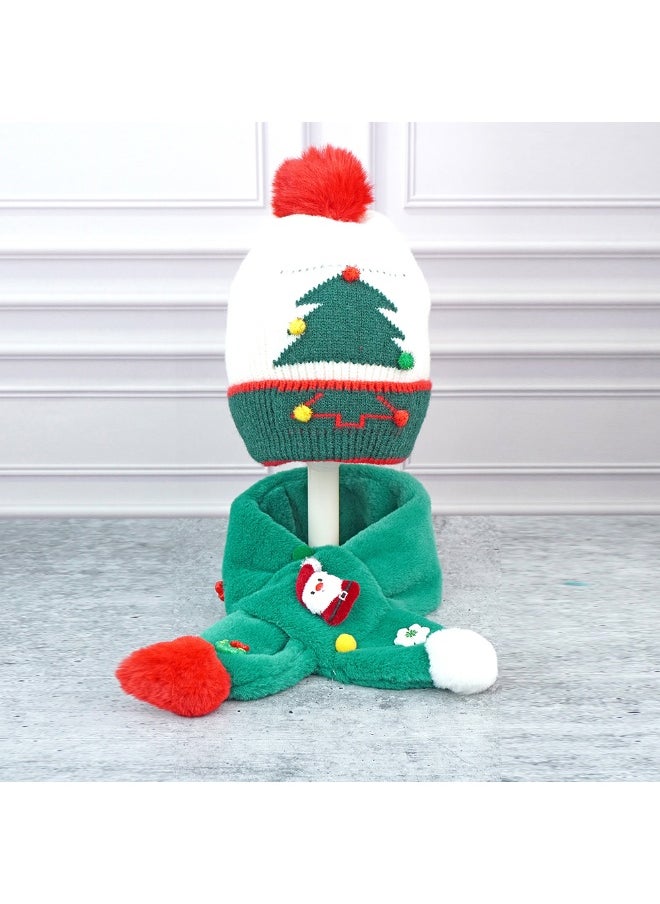 2Pcs White And Green Tree Christmas Themed Winter Cap Beanie With Matching Long Style Neck Muffler For Kids