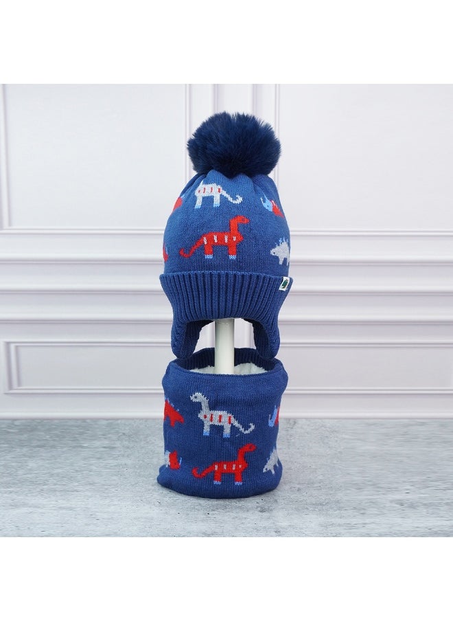2Pcs Blue & Red Dino Themed Beanie Winter Cap With Matching Neck Cuff Style Muffler For Kids