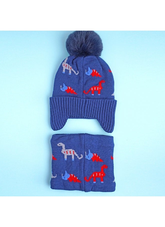 2Pcs Blue & Red Dino Themed Beanie Winter Cap With Matching Neck Cuff Style Muffler For Kids