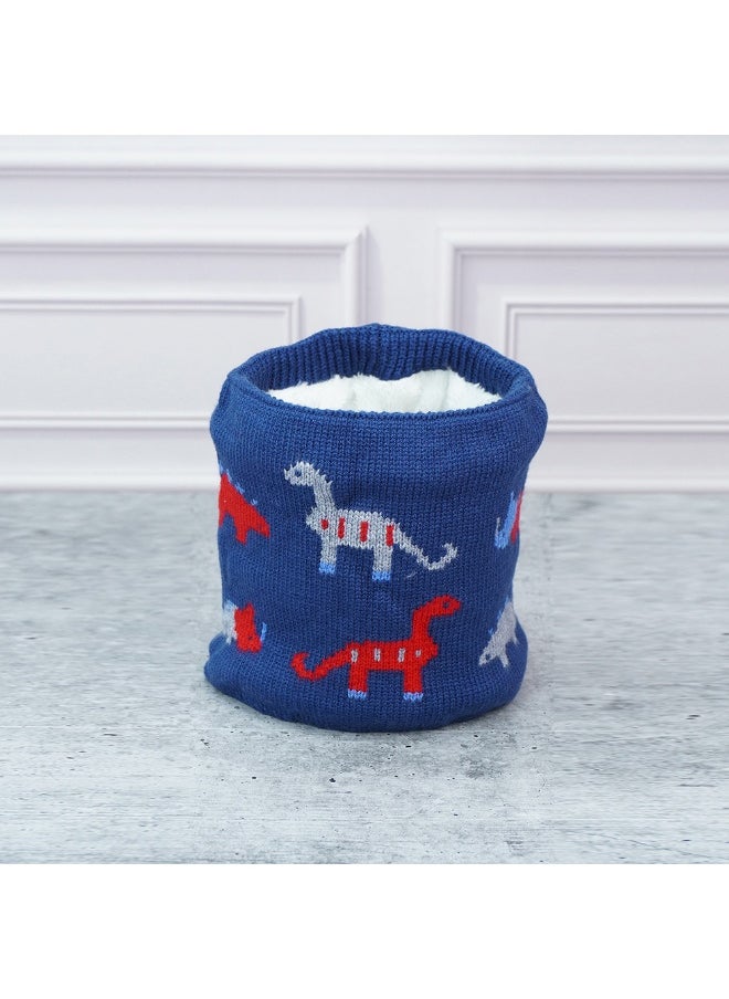 2Pcs Blue & Red Dino Themed Beanie Winter Cap With Matching Neck Cuff Style Muffler For Kids