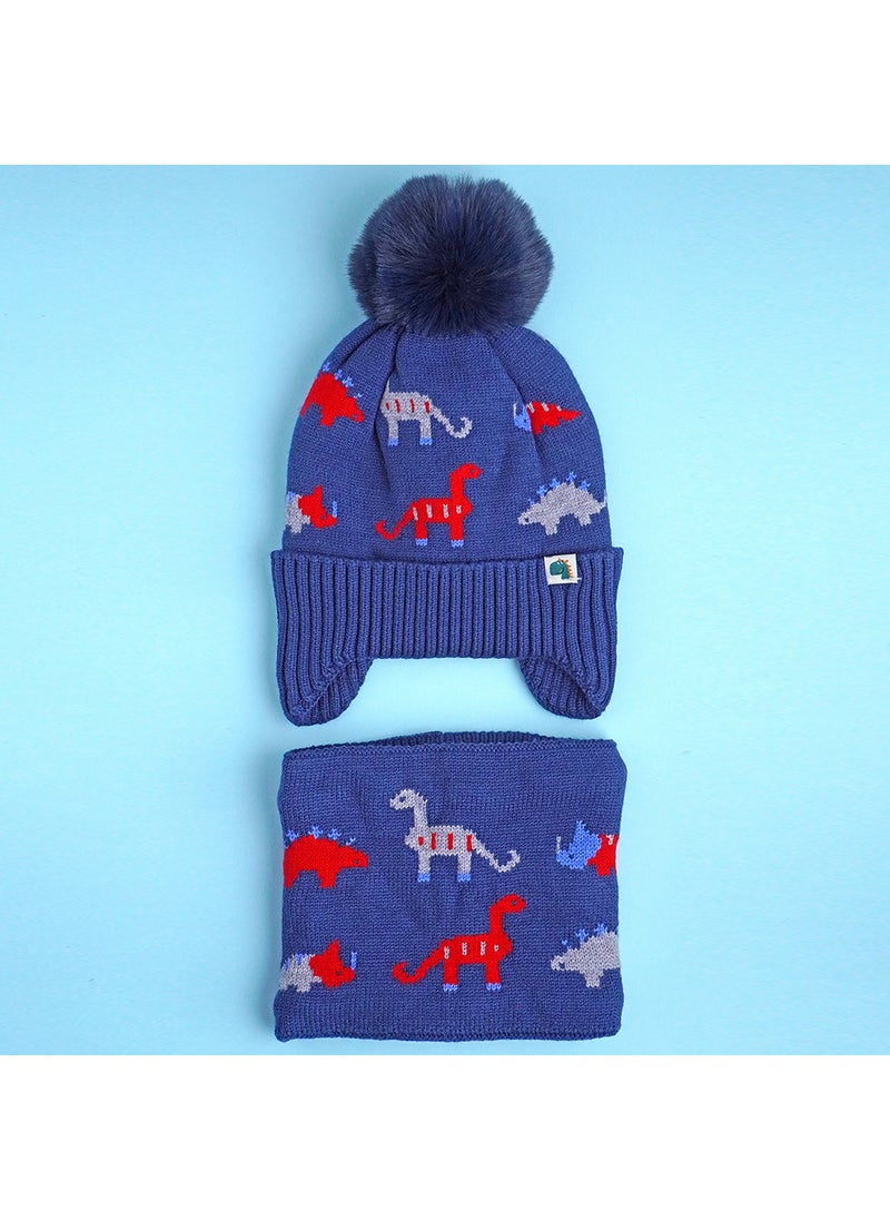 2Pcs Blue & Red Dino Themed Beanie Winter Cap With Matching Neck Cuff Style Muffler For Kids
