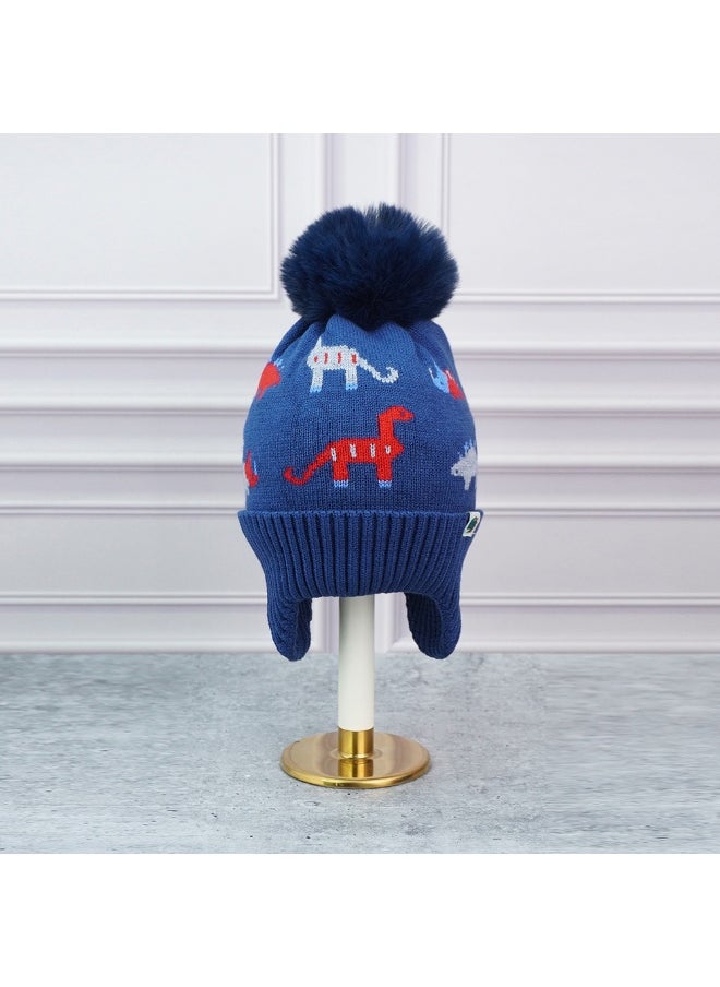 2Pcs Blue & Red Dino Themed Beanie Winter Cap With Matching Neck Cuff Style Muffler For Kids