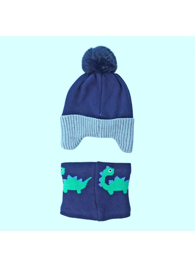 2pcs Blue Green Face Dino themed Beanie Winter Cap with matching Neck Cuff style Muffler for Kids