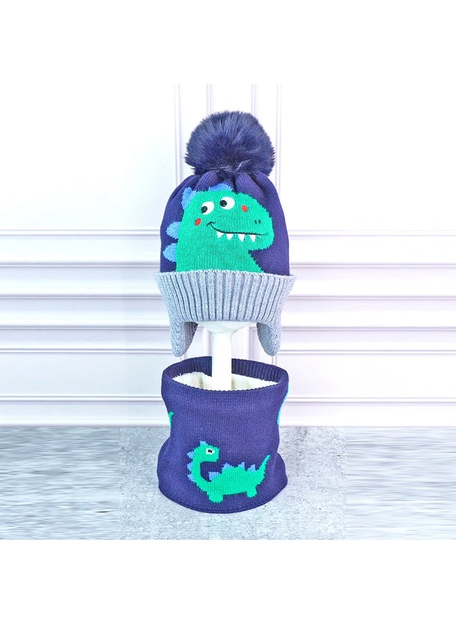 2pcs Blue Green Face Dino themed Beanie Winter Cap with matching Neck Cuff style Muffler for Kids