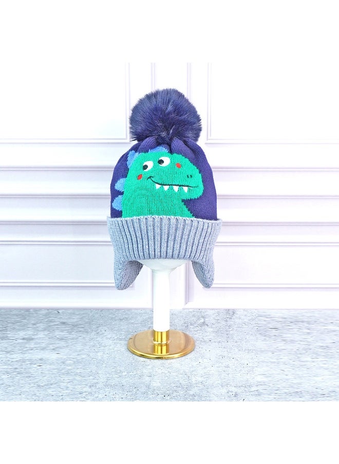 2pcs Blue Green Face Dino themed Beanie Winter Cap with matching Neck Cuff style Muffler for Kids
