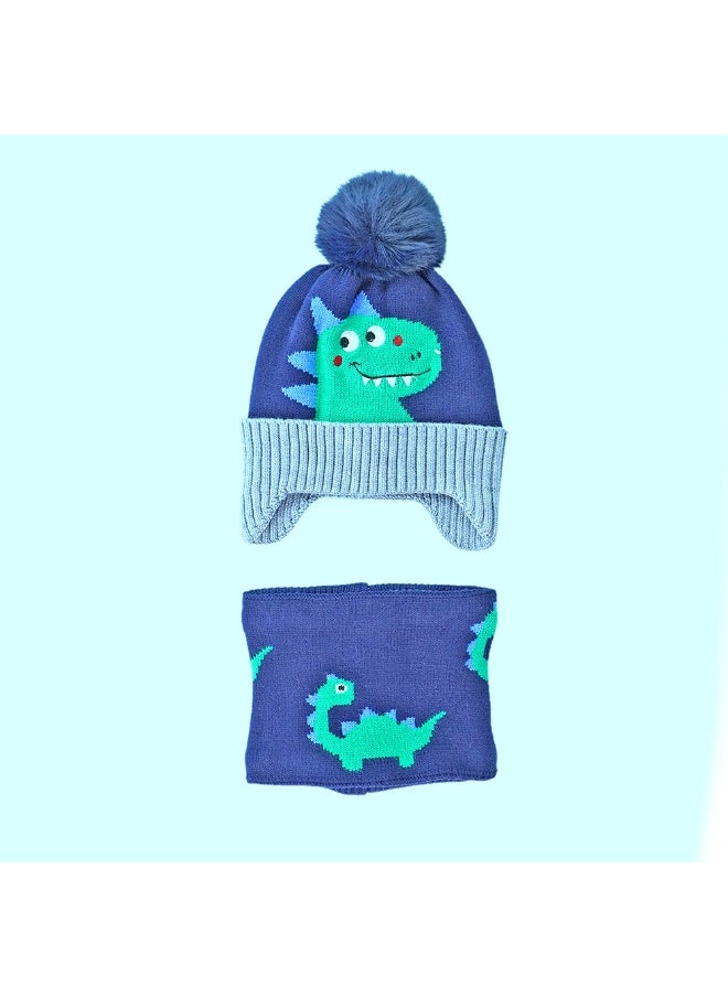 2pcs Blue Green Face Dino themed Beanie Winter Cap with matching Neck Cuff style Muffler for Kids