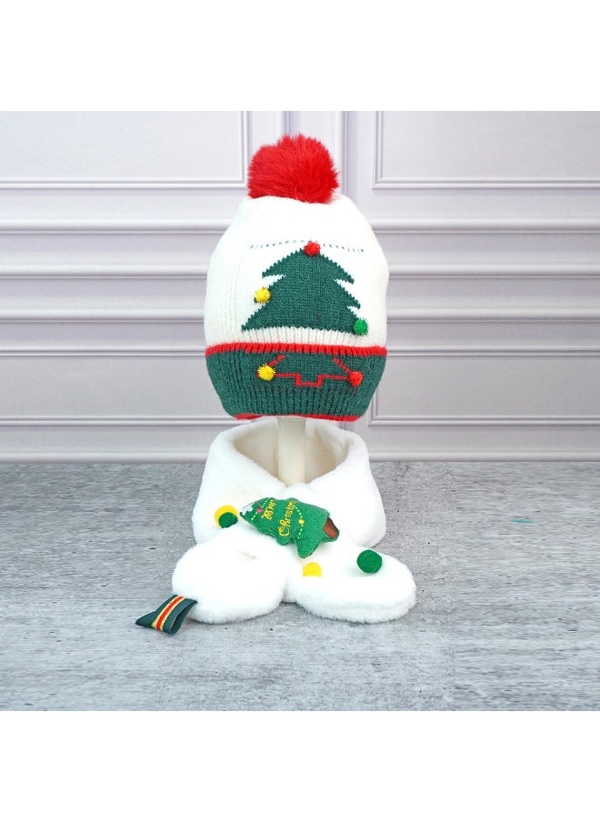 2Pcs White Tree Christmas Themed Winter Cap Beanie With Matching Long Style Neck Muffler For Kids