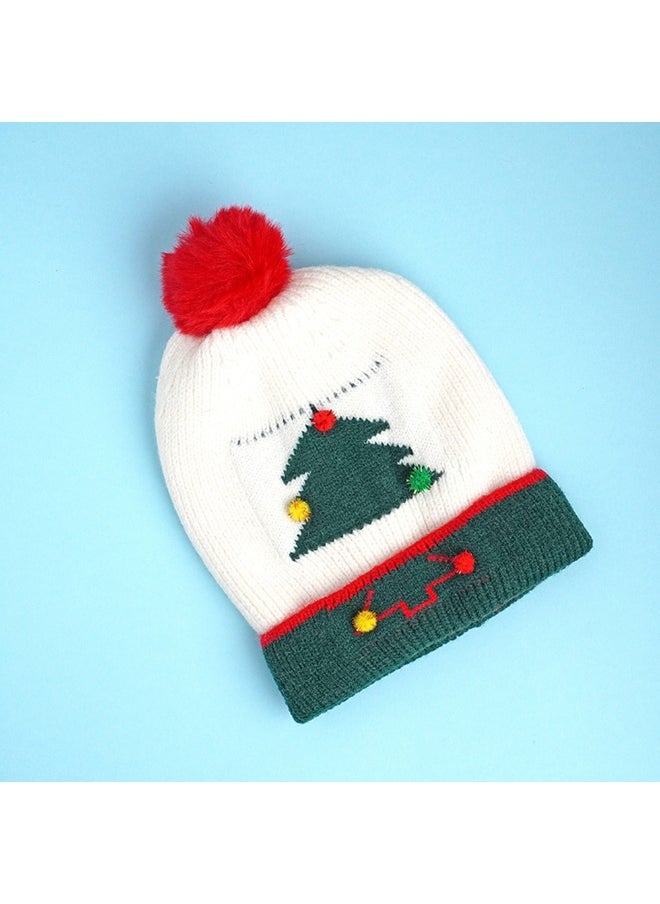 2Pcs White Tree Christmas Themed Winter Cap Beanie With Matching Long Style Neck Muffler For Kids