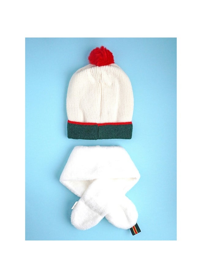 2Pcs White Tree Christmas Themed Winter Cap Beanie With Matching Long Style Neck Muffler For Kids