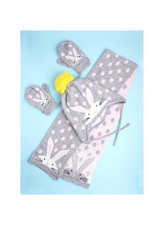 3Pcs Grey Bunny Rabbit Matching Beanie Winter Cap Mufflers And Gloves Set