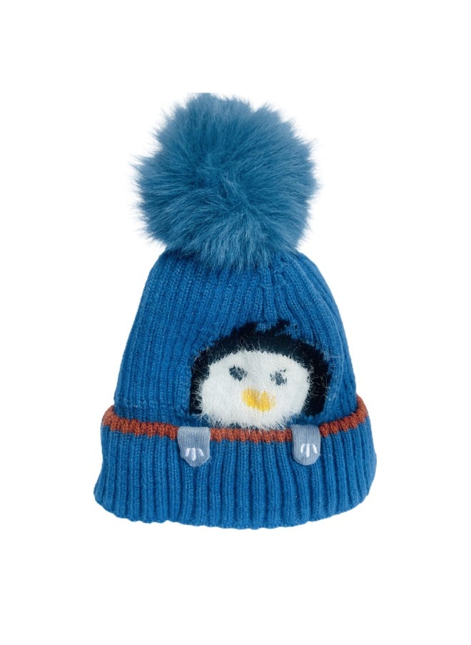 Light Blue Penguin Woven Stretchable Woolen Winter Cap For Kids With Matching Neck Muffler Set