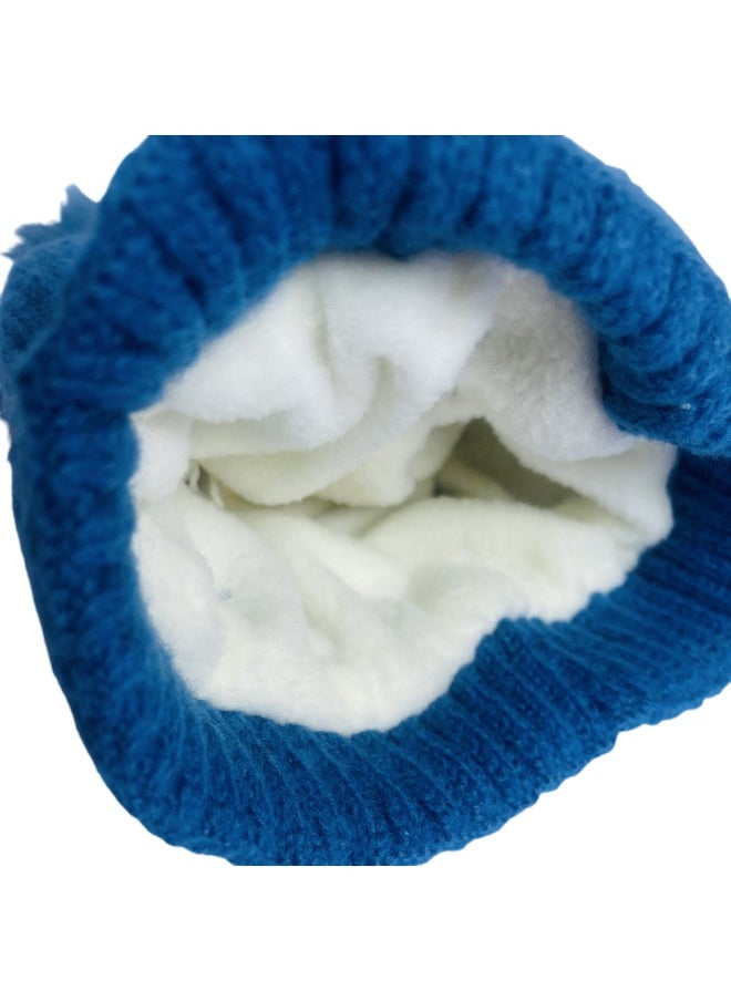 Light Blue Penguin Woven Stretchable Woolen Winter Cap For Kids With Matching Neck Muffler Set