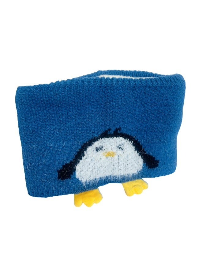Light Blue Penguin Woven Stretchable Woolen Winter Cap For Kids With Matching Neck Muffler Set