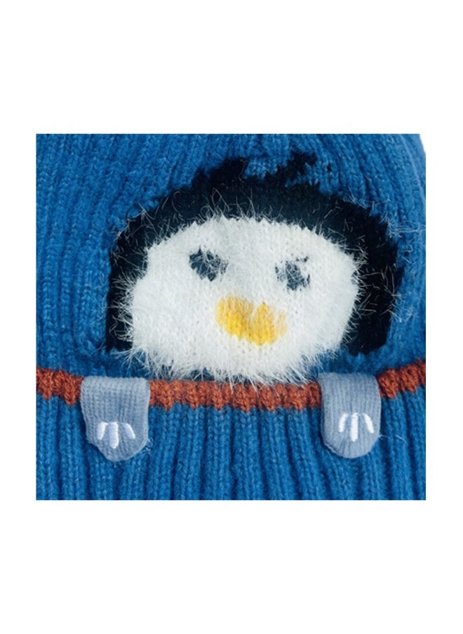 Light Blue Penguin Woven Stretchable Woolen Winter Cap For Kids With Matching Neck Muffler Set