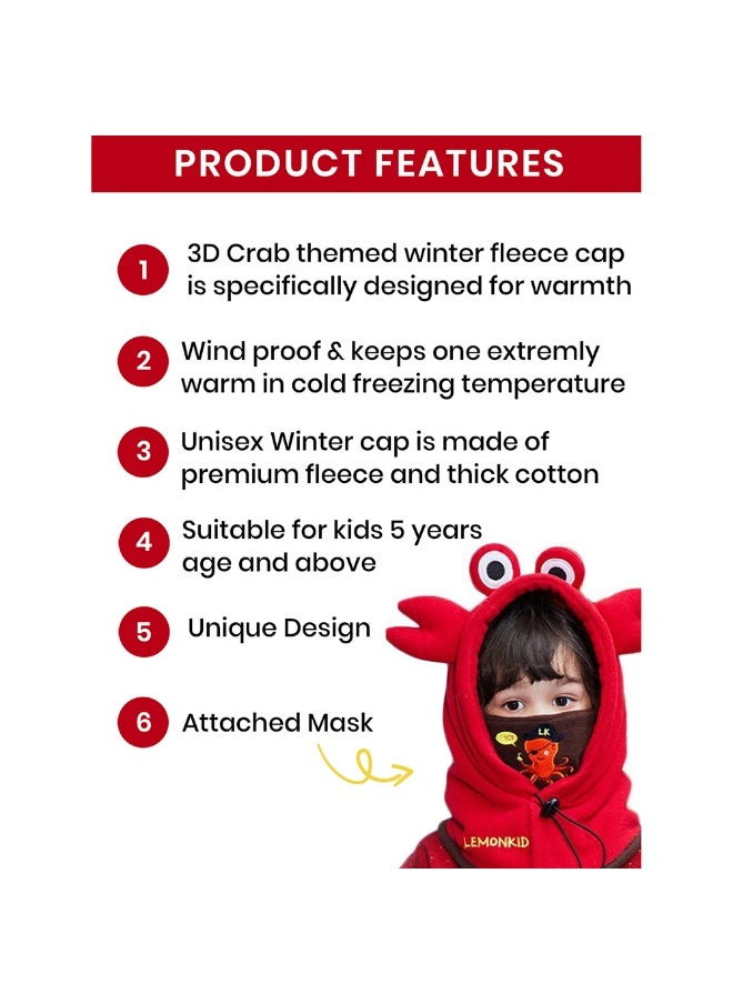 3dCrab theme  Fleece Winter Cap covering MouthNeck and Head for Minus degree Temperature5 yrs and above