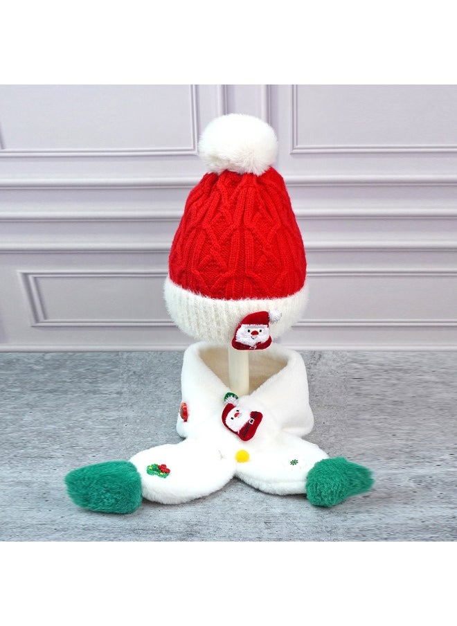 2Pcs White Santa Christmas Themed Winter Cap Beanie With Matching Long Style Neck Muffler For Kids