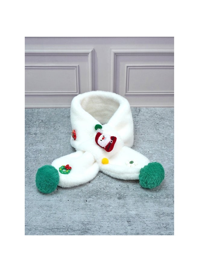 2Pcs White Santa Christmas Themed Winter Cap Beanie With Matching Long Style Neck Muffler For Kids
