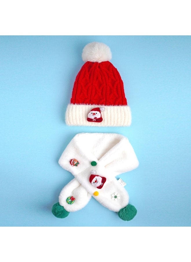2Pcs White Santa Christmas Themed Winter Cap Beanie With Matching Long Style Neck Muffler For Kids