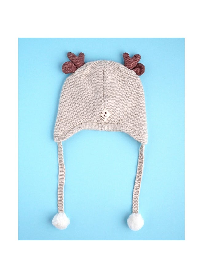 Cream Baby Antler Knitted Soft Woolen Winter Cap With Tie Up 6-18 Months