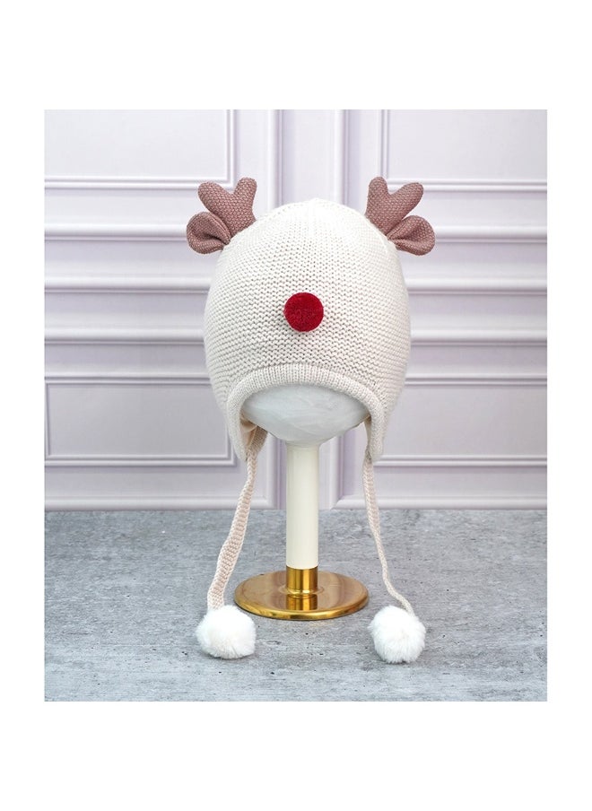Cream Baby Antler Knitted Soft Woolen Winter Cap With Tie Up 6-18 Months