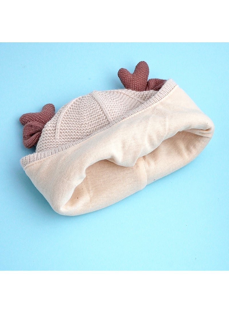 Cream Baby Antler Knitted Soft Woolen Winter Cap With Tie Up 6-18 Months