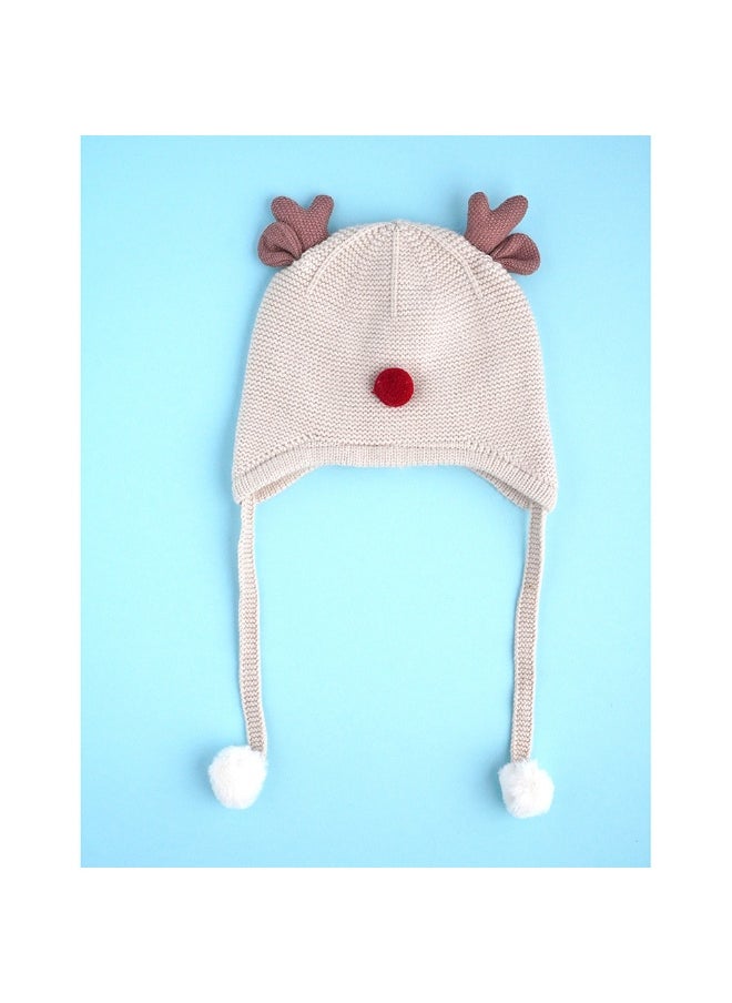 Cream Baby Antler Knitted Soft Woolen Winter Cap With Tie Up 6-18 Months