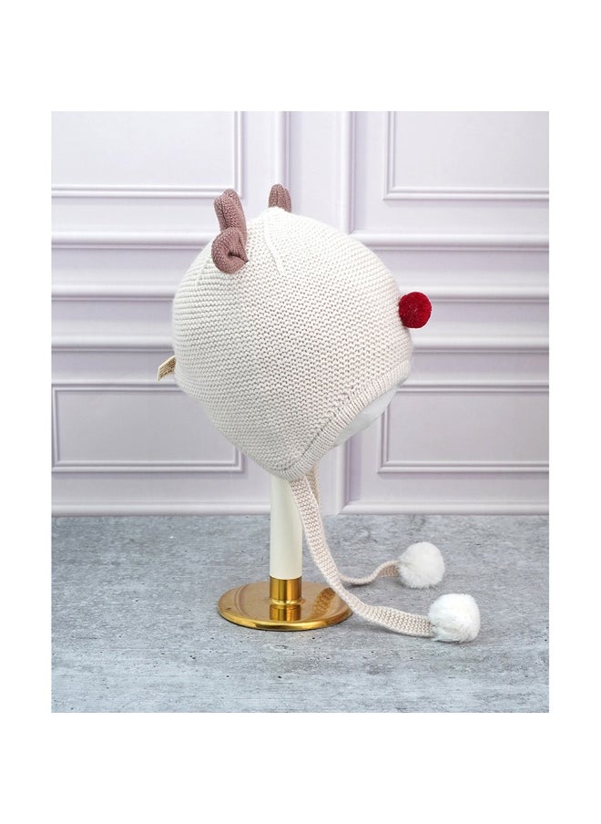 Cream Baby Antler Knitted Soft Woolen Winter Cap With Tie Up 6-18 Months