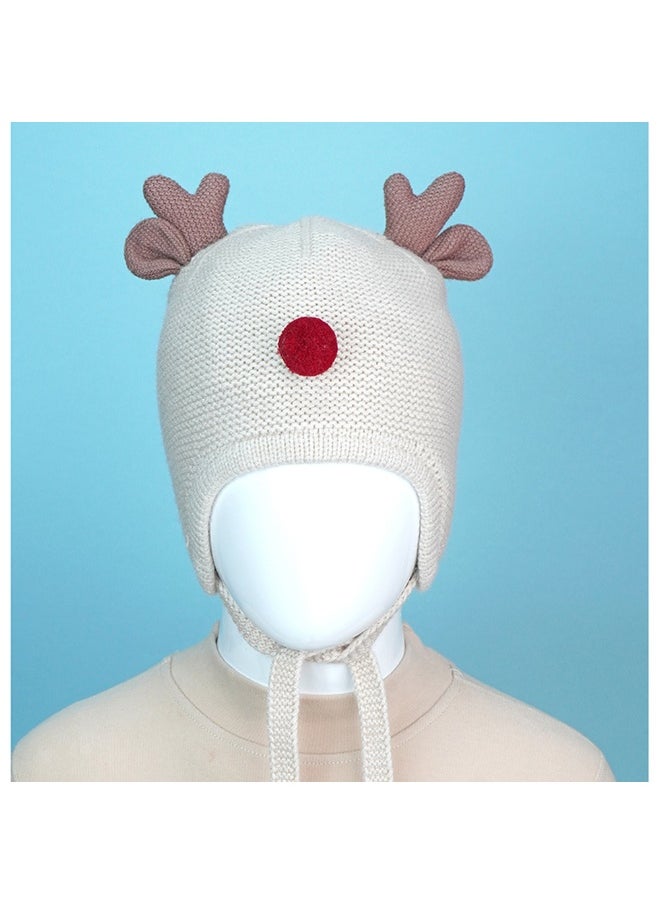 Cream Baby Antler Knitted Soft Woolen Winter Cap With Tie Up 6-18 Months