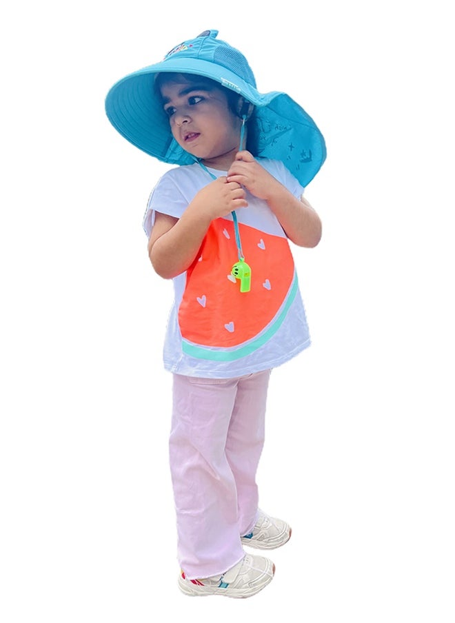 Summer Hat with wide Neck Flap for Kids, (3-10yrs), Teal Panda