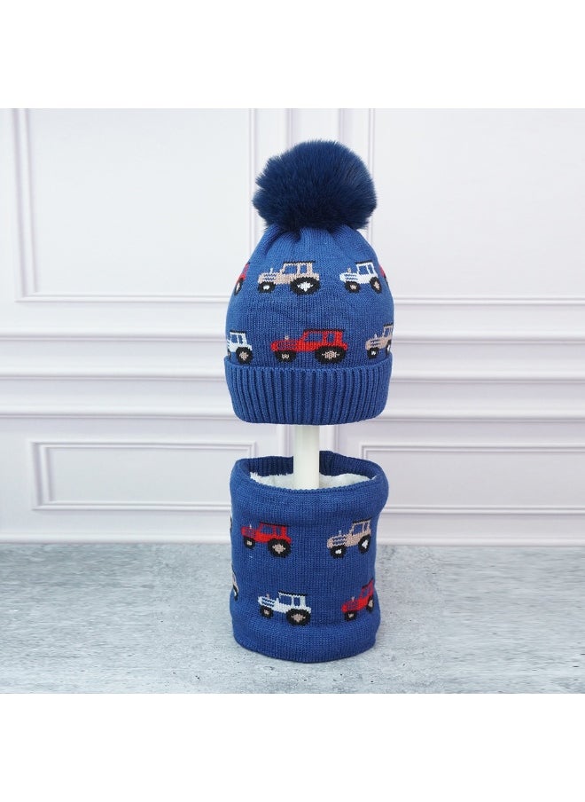 2Pcs Dark Navy Cars Themed Beanie Winter Cap With Matching Neck Cuff Style Muffler For Kids