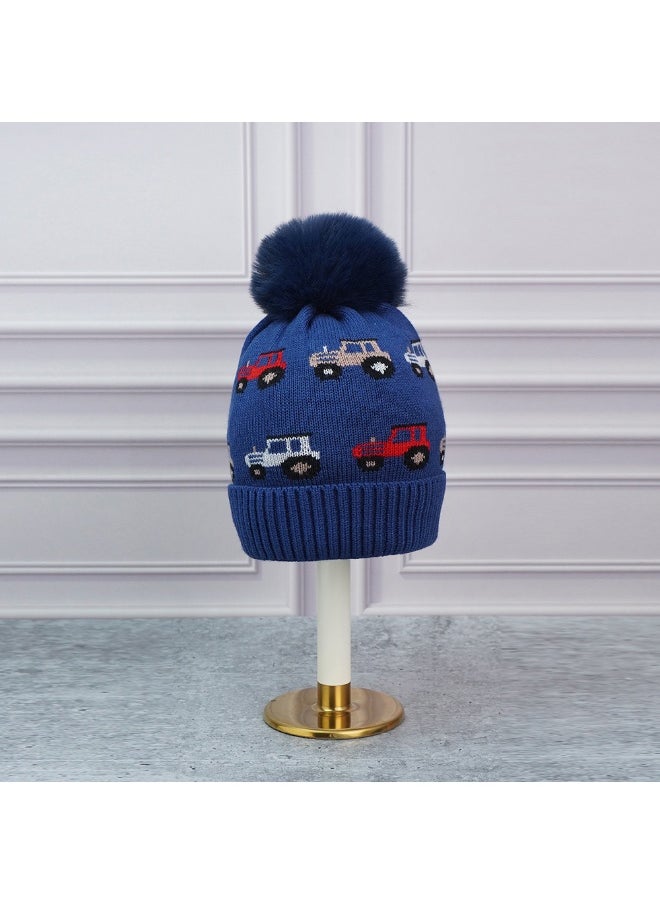 2Pcs Dark Navy Cars Themed Beanie Winter Cap With Matching Neck Cuff Style Muffler For Kids
