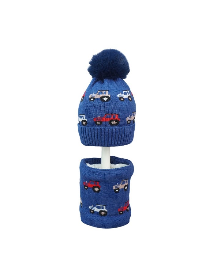 2Pcs Dark Navy Cars Themed Beanie Winter Cap With Matching Neck Cuff Style Muffler For Kids