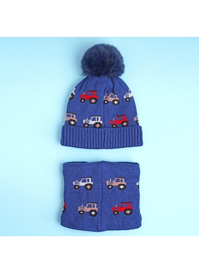2Pcs Dark Navy Cars Themed Beanie Winter Cap With Matching Neck Cuff Style Muffler For Kids