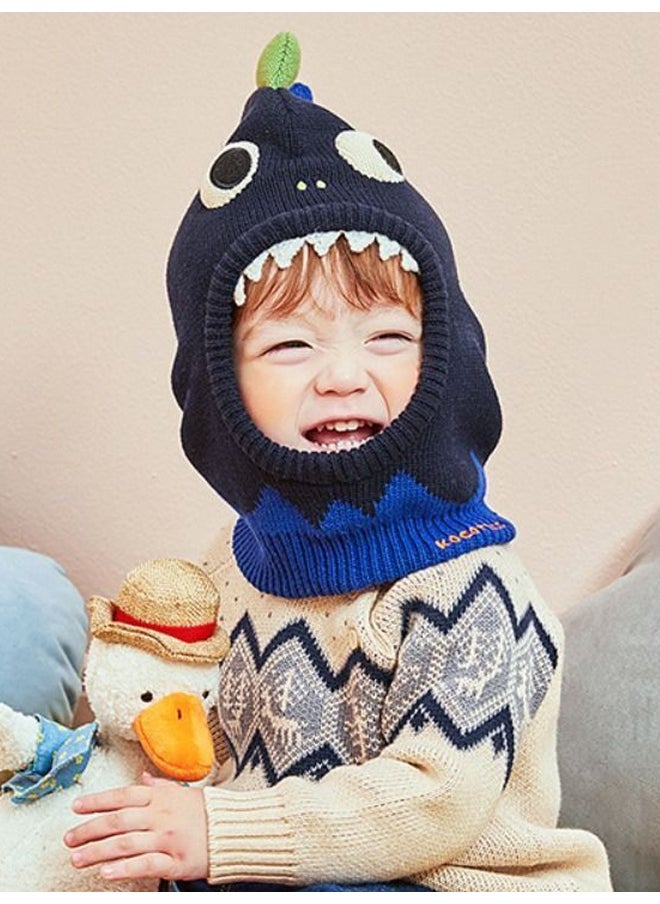 Knitted Blue Border Dino theme Winter Cap covering  Neck Ears and Head for Minus degree Temperature5 yrs and above