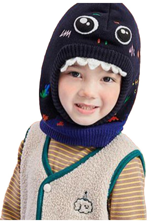 Knitted Blue Border Dino theme Winter Cap covering  Neck Ears and Head for Minus degree Temperature5 yrs and above