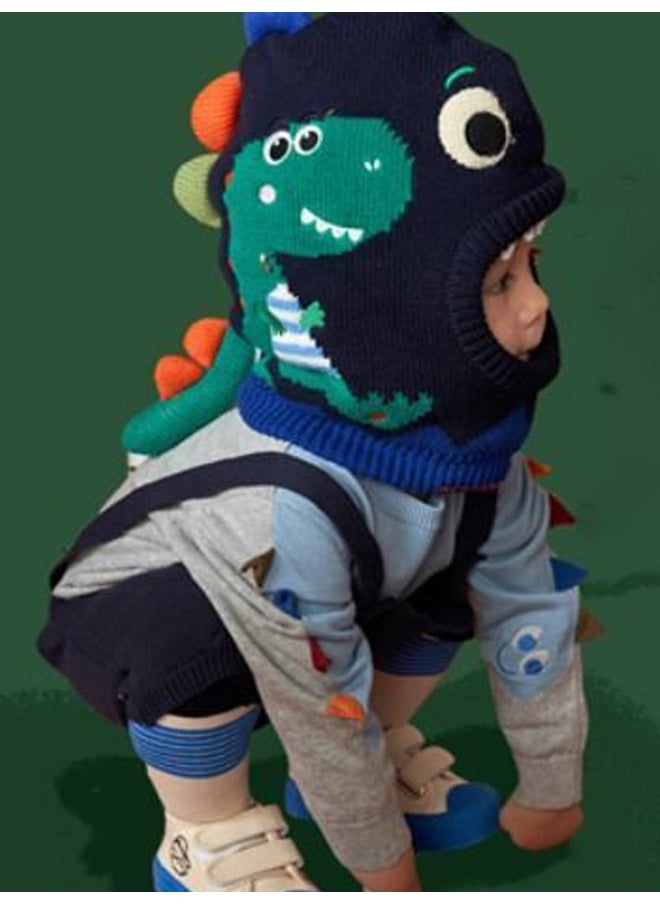 Knitted Blue Border Dino theme Winter Cap covering  Neck Ears and Head for Minus degree Temperature5 yrs and above