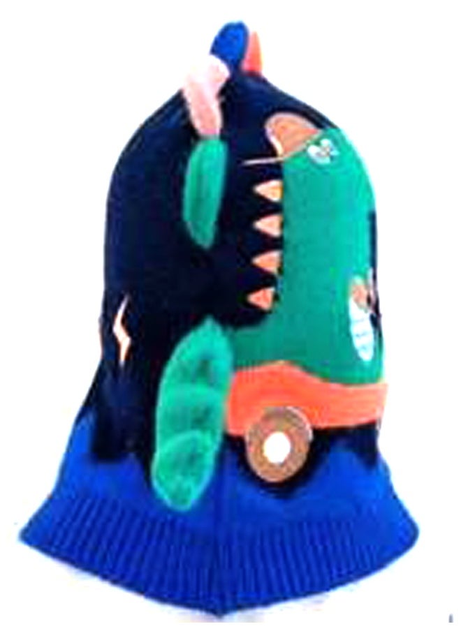 Knitted Blue Border Dino theme Winter Cap covering  Neck Ears and Head for Minus degree Temperature5 yrs and above