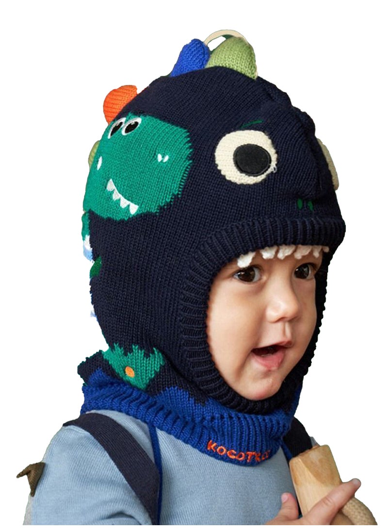 Knitted Blue Border Dino theme Winter Cap covering  Neck Ears and Head for Minus degree Temperature5 yrs and above