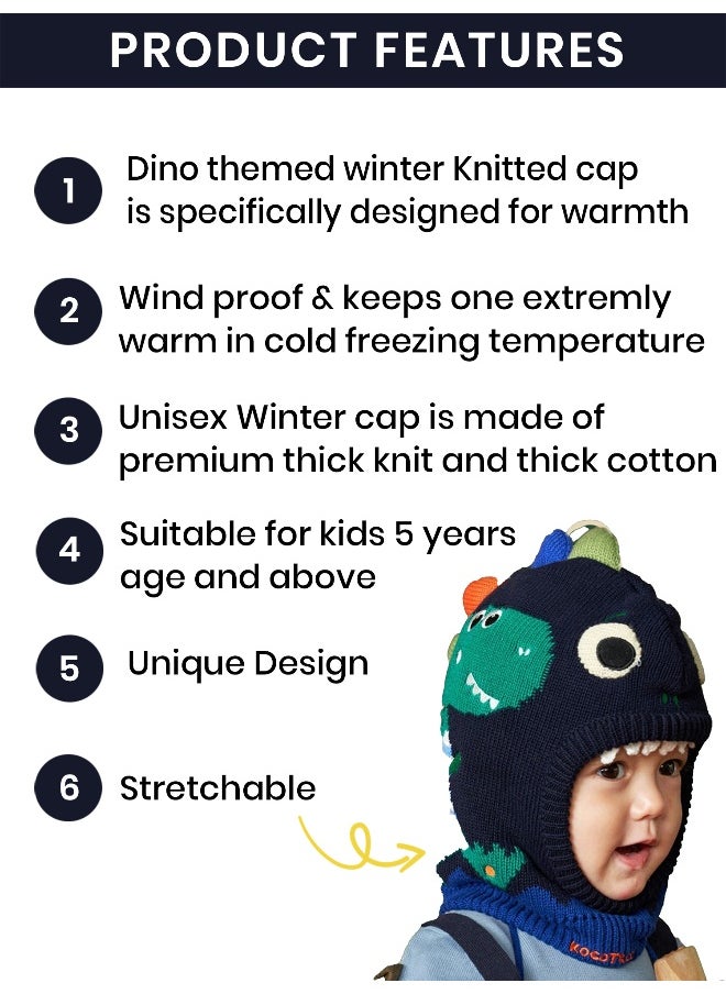 Knitted Blue Border Dino theme Winter Cap covering  Neck Ears and Head for Minus degree Temperature5 yrs and above