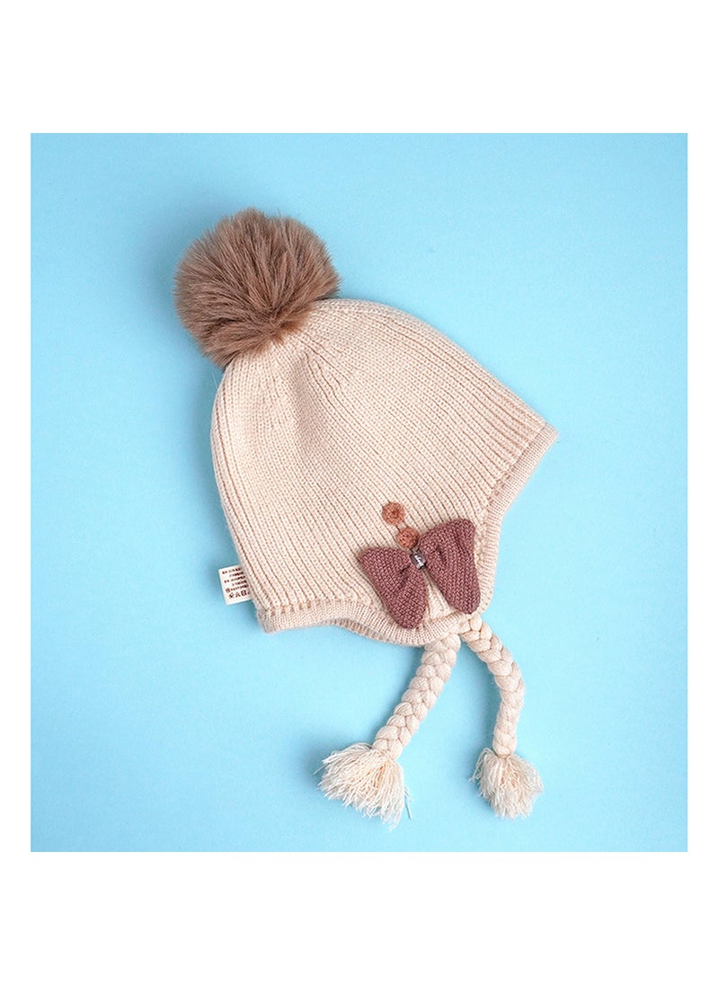 Cream Butterfly Knitted Soft Woolen Winter Cap With Tie Up 6-18 Months