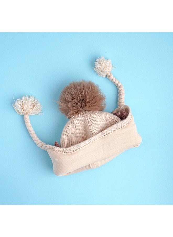 Cream Butterfly Knitted Soft Woolen Winter Cap With Tie Up 6-18 Months