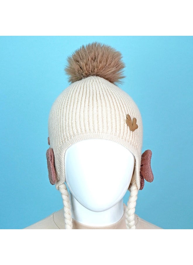 Cream Butterfly Knitted Soft Woolen Winter Cap With Tie Up 6-18 Months