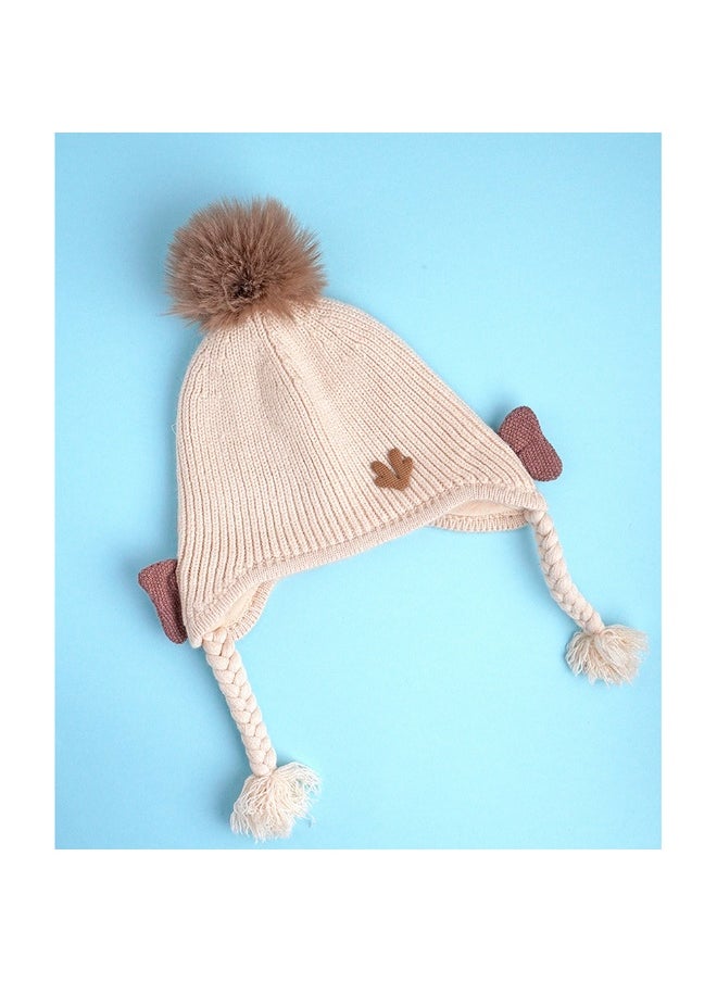 Cream Butterfly Knitted Soft Woolen Winter Cap With Tie Up 6-18 Months