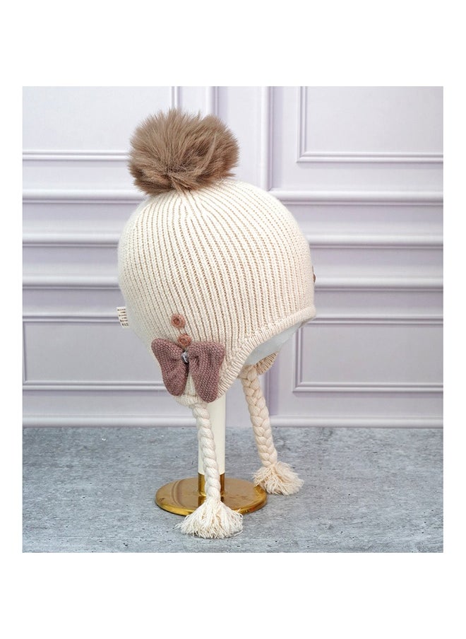 Cream Butterfly Knitted Soft Woolen Winter Cap With Tie Up 6-18 Months