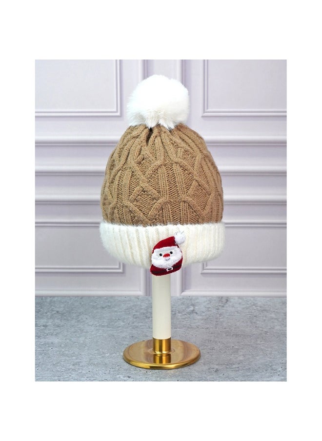 Brown Santa Christmas Themed Woolen Winter Cap Beanie For Kids
